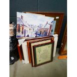 Quantity of prints, pictures and maps, to include townscapes. Plus rural watercolours