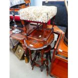 Elm seated stool, oak barley twist side table plus an upholstered stool
