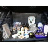 Cage containing silver plated christening set, Jasper ware, Crested ware, glass dishes, and collie