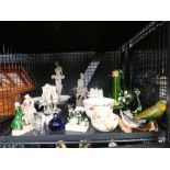 Cage containing ornamental bird figures, glass animals, figures of ballerinas, and general china