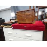 Wooden jewellery cabinet, plus a red velvet covered box