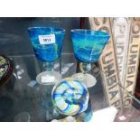 Pair of Mdina goblets. Plus a Caithness paperweight