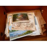 Box containing loose urban, rural, and coastal watercolours. Plus an engraving