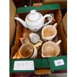 Box containing commemorative teapot, plus a quantity of milk jugs