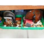 Two boxes containing treen, and ornamental figures. Plus serving trays and tea cards