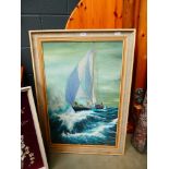Oil on canvas, The Saint Barbara yacht on stormy sea