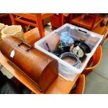Box containing kitchen scales, car head lamp surrounds and Singer sewing machine