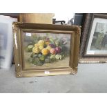 (3) Print, still life with plums plus oil on canvas, rural scene with bushes and hillside
