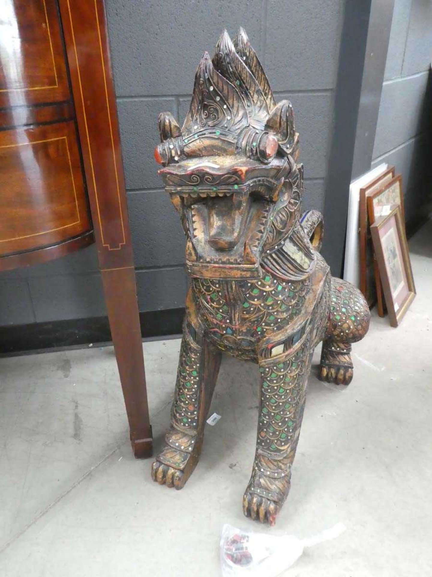 Pair of painted wooden temple dogs