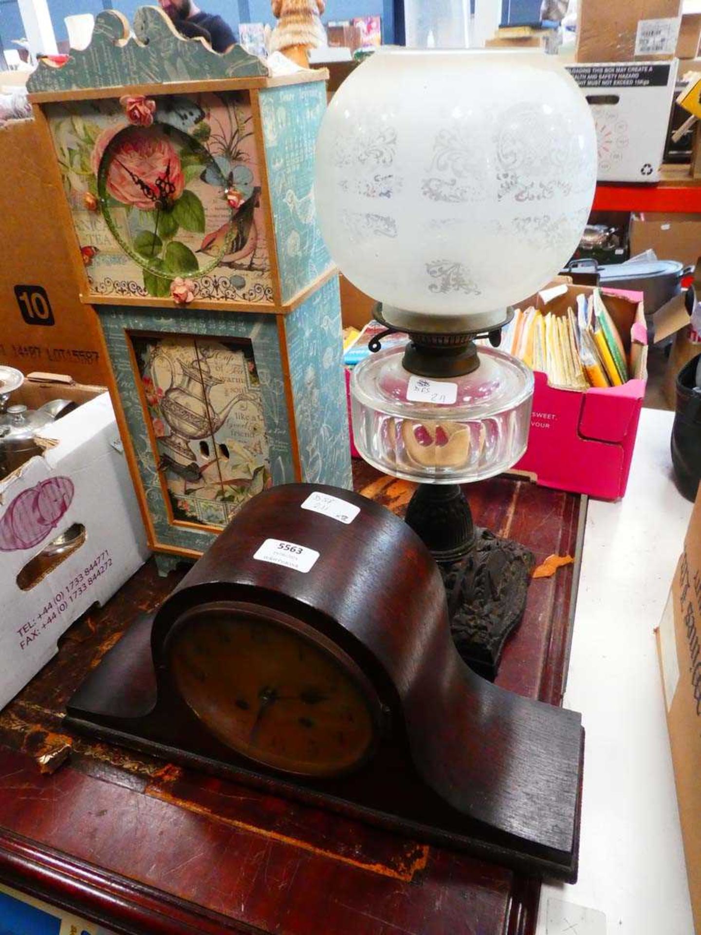 Oil lamp, Napoleon hat mantle clock plus floral patterned modern quartz clock