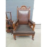 Victorian armchair with carved oak frame