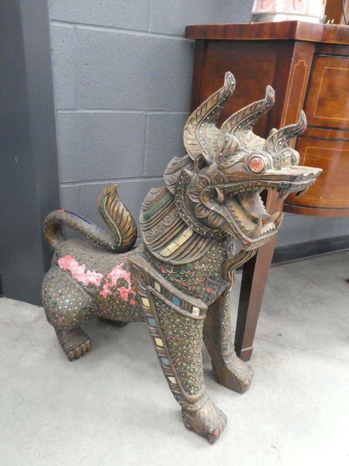 Pair of painted wooden temple dogs - Image 2 of 2