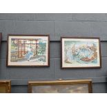 Pair of Japanese prints, boatman on lake, figure trees and building