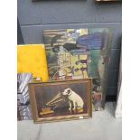 Painting of 'His Masters Voice' dog plus a Suerat print