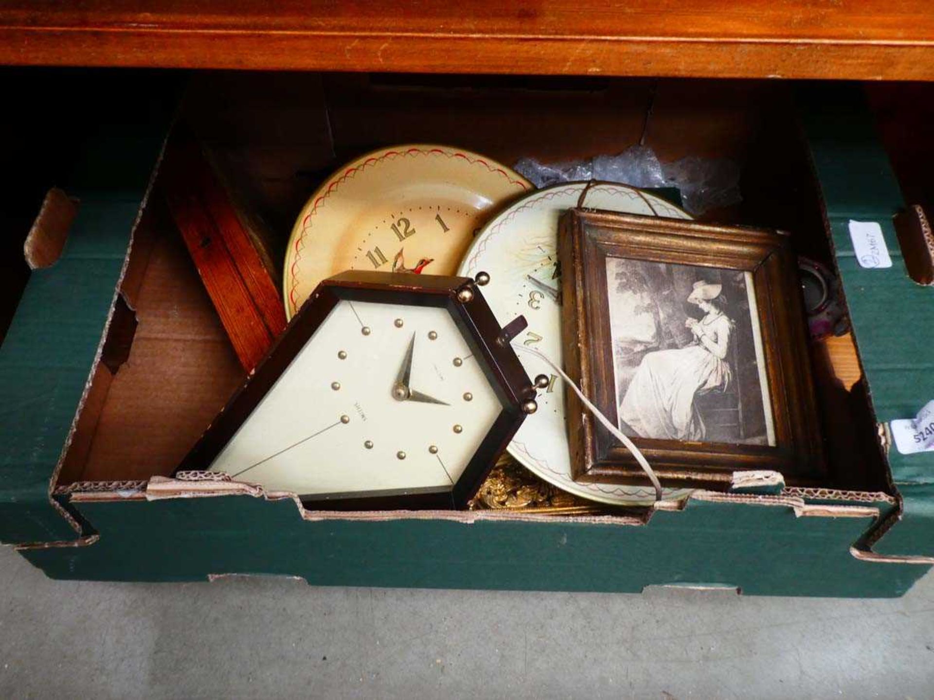 (2) Box containing painted tin wall clocks, mantel clock, brass finger plates, and pine stationary