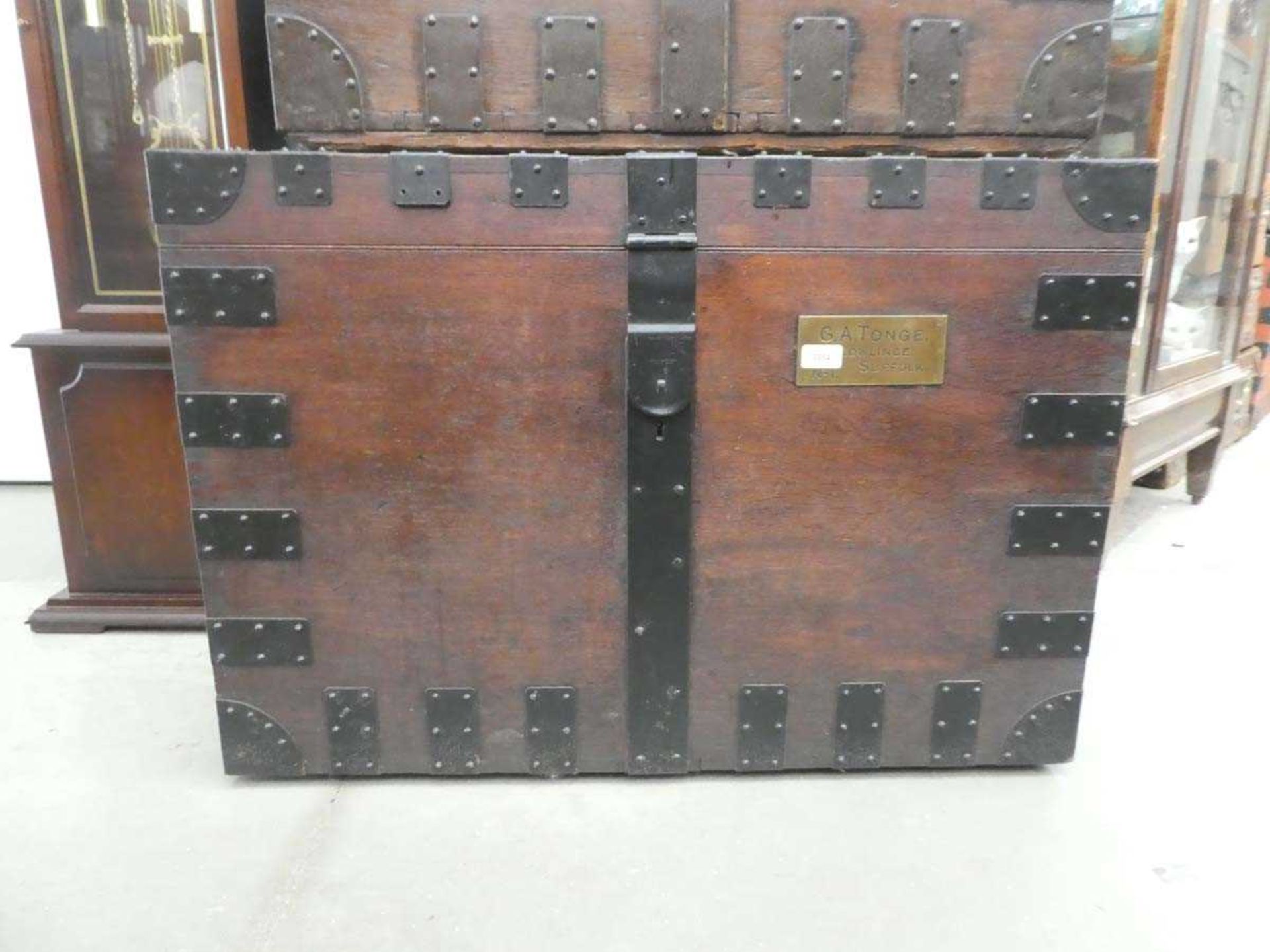 Oak and metal bound dome topped trunk with metal handles, width: 92cm