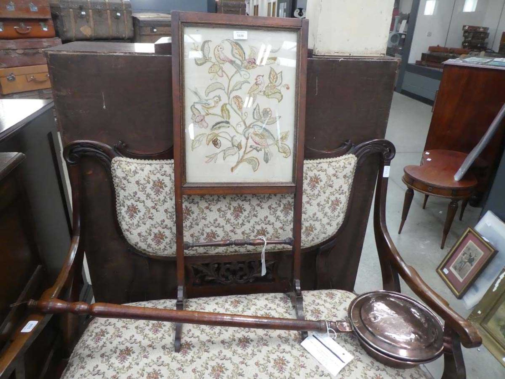 Copper warming pan and embroidered fire screen