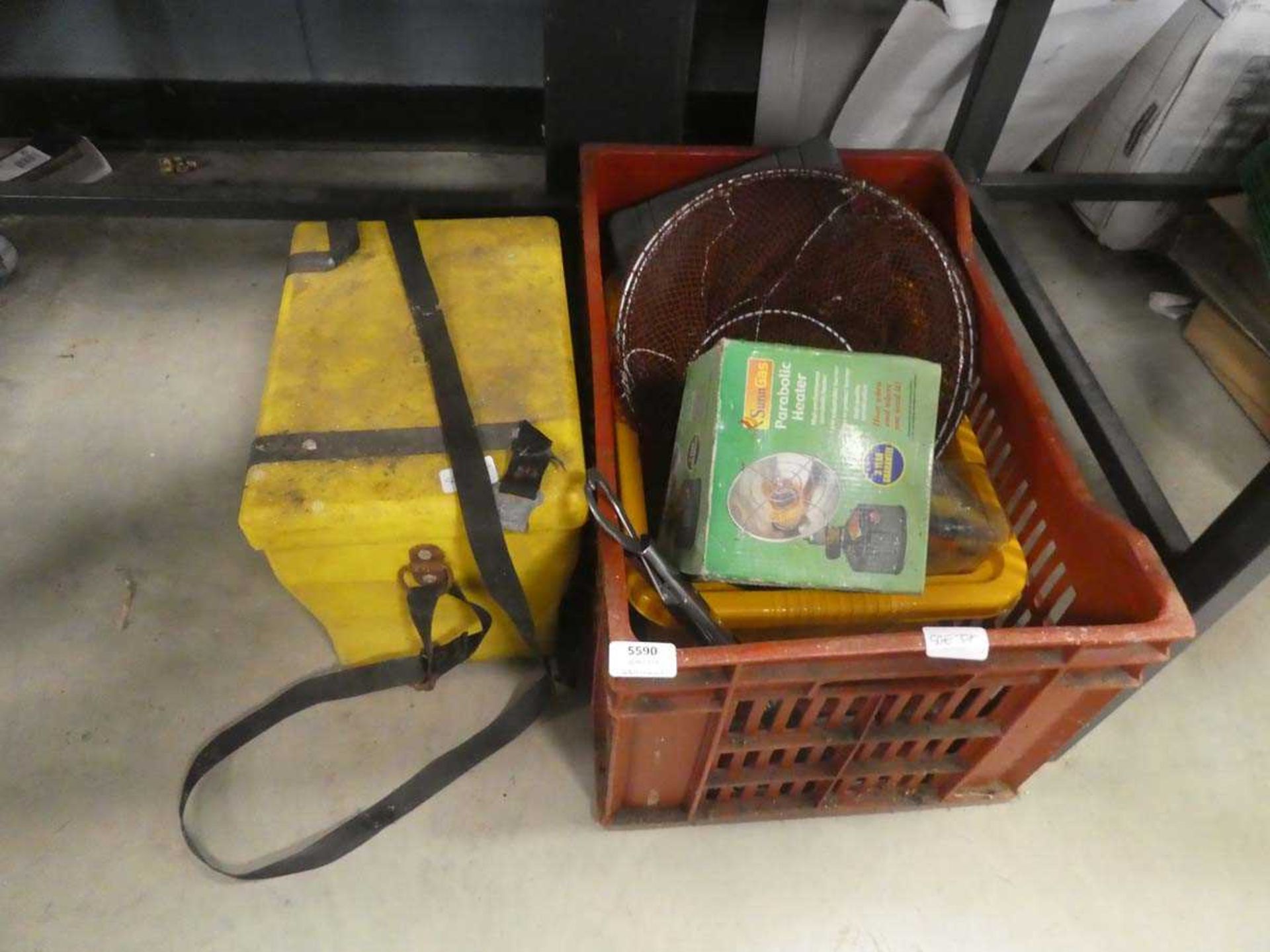 Quantity of fishing tackle to include landing nets, heating lamps and yellow box