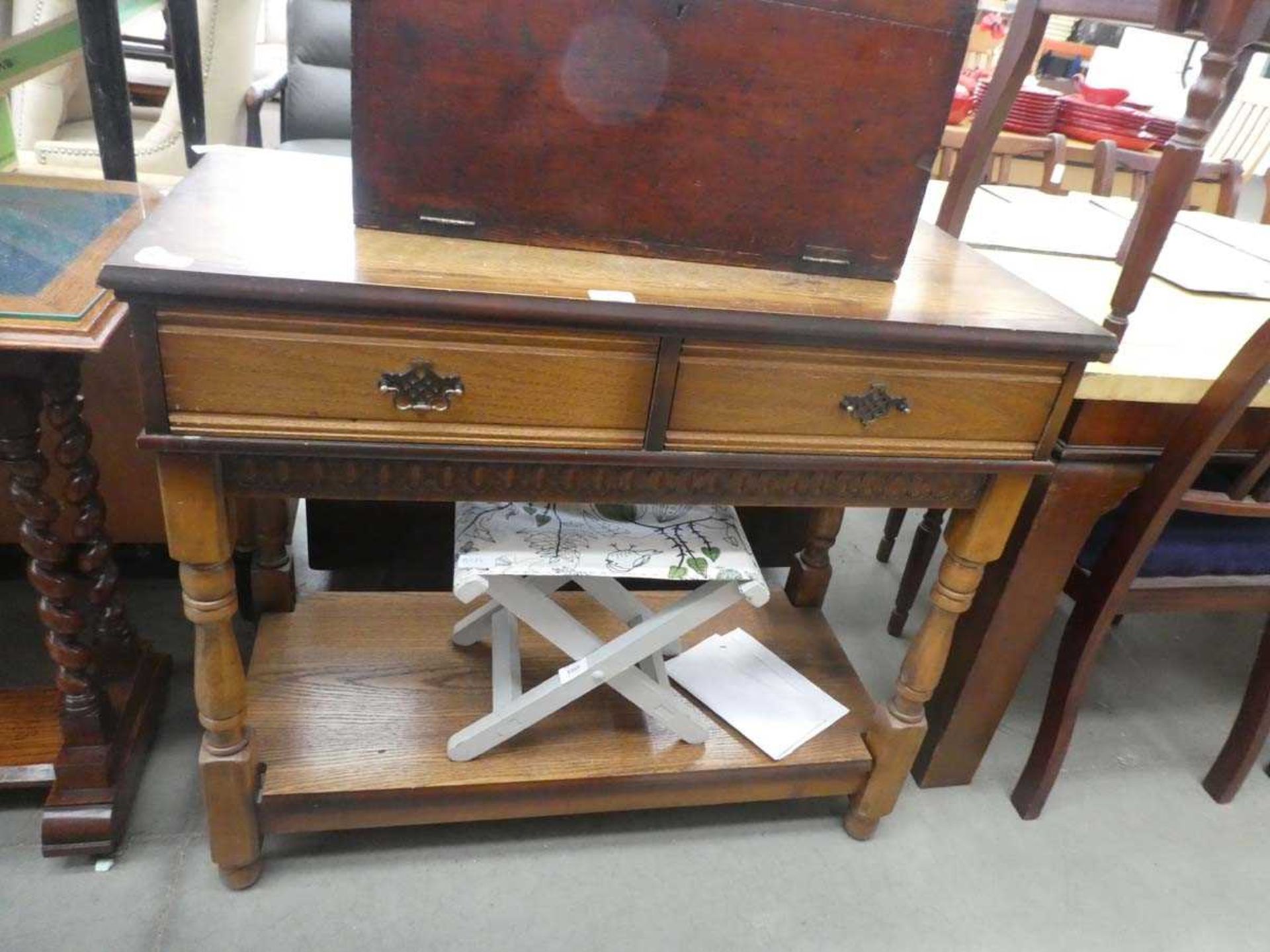 Modern oak side table with drawers and second tier