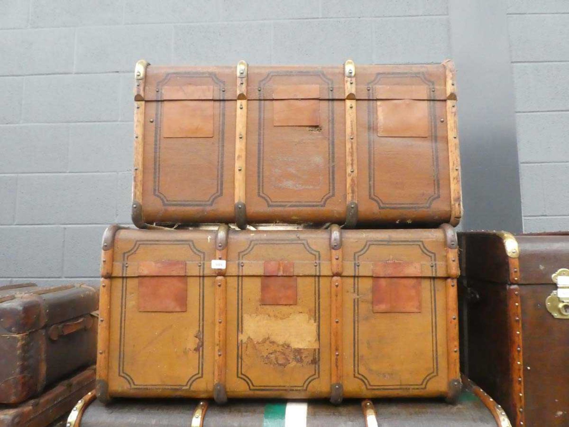 2 x wooden banded painted canvas travelling trunks, width: 97cm