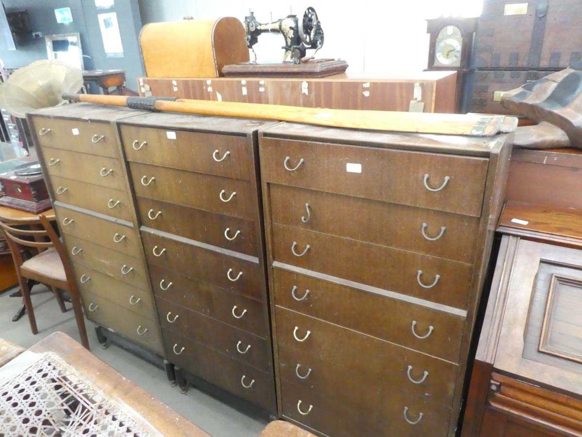 Three 1950s narrow chest of seven drawers (af)