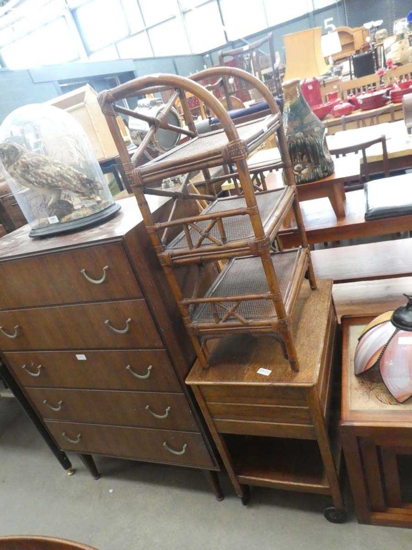 Oak tea trolley and cane 3 shelf bookcase