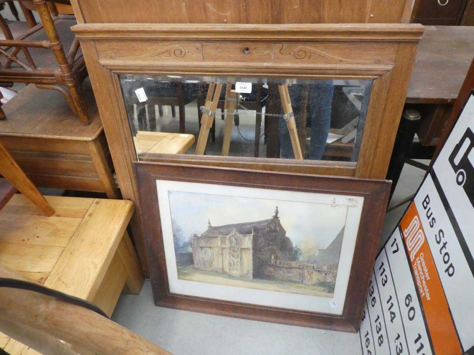 Oak framed mirror and watercolour depicting an Abbey