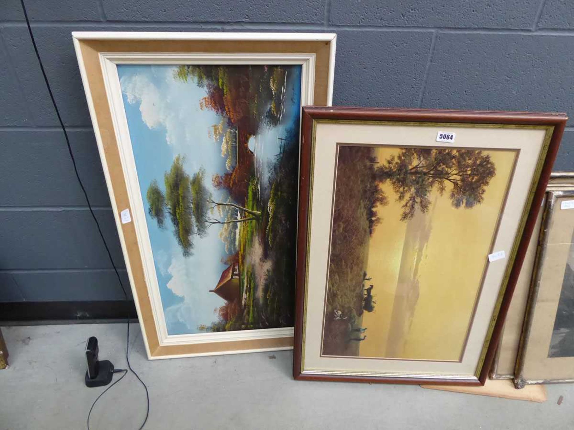 Oil on canvas depicting a riverside scene, plus a print of a harvest team