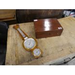 Modern barometer and small mahogany box with contents of sewing equipment