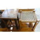 Small oak rushed seated stool with small oak table