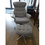 Grey upholstered swivel easy chair with matching footstool on 5 star chrome supports