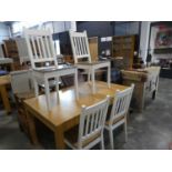 Modern light oak extending dining table with 4 pine effect dining chairs