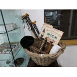 2 wicker baskets and contents of various collectibles incl. vases, bottles, walking sticks, brush,