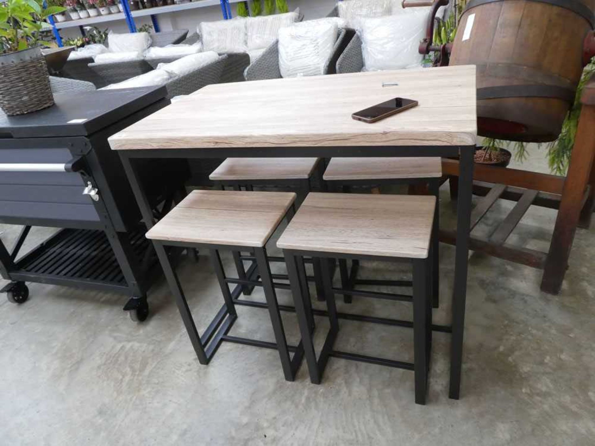 Wood effect 5 piece outdoor seating set comprising table and 4 stools