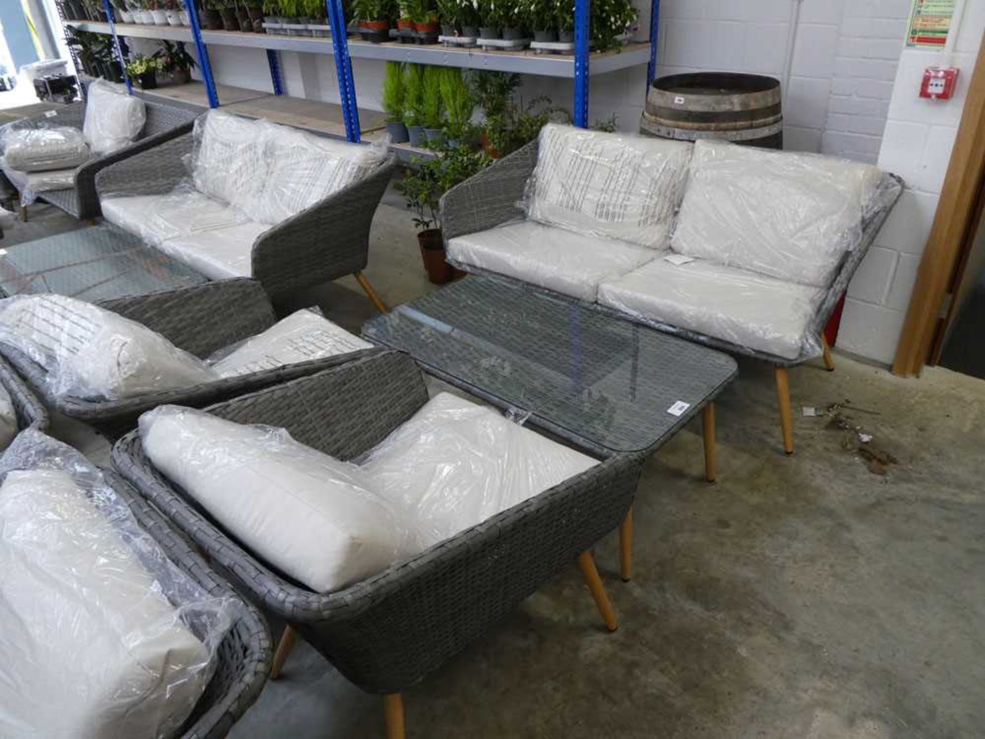 +VAT Grey rattan 4 piece garden patio seating set comprising 2 seater sofa, 2 armchairs (each with