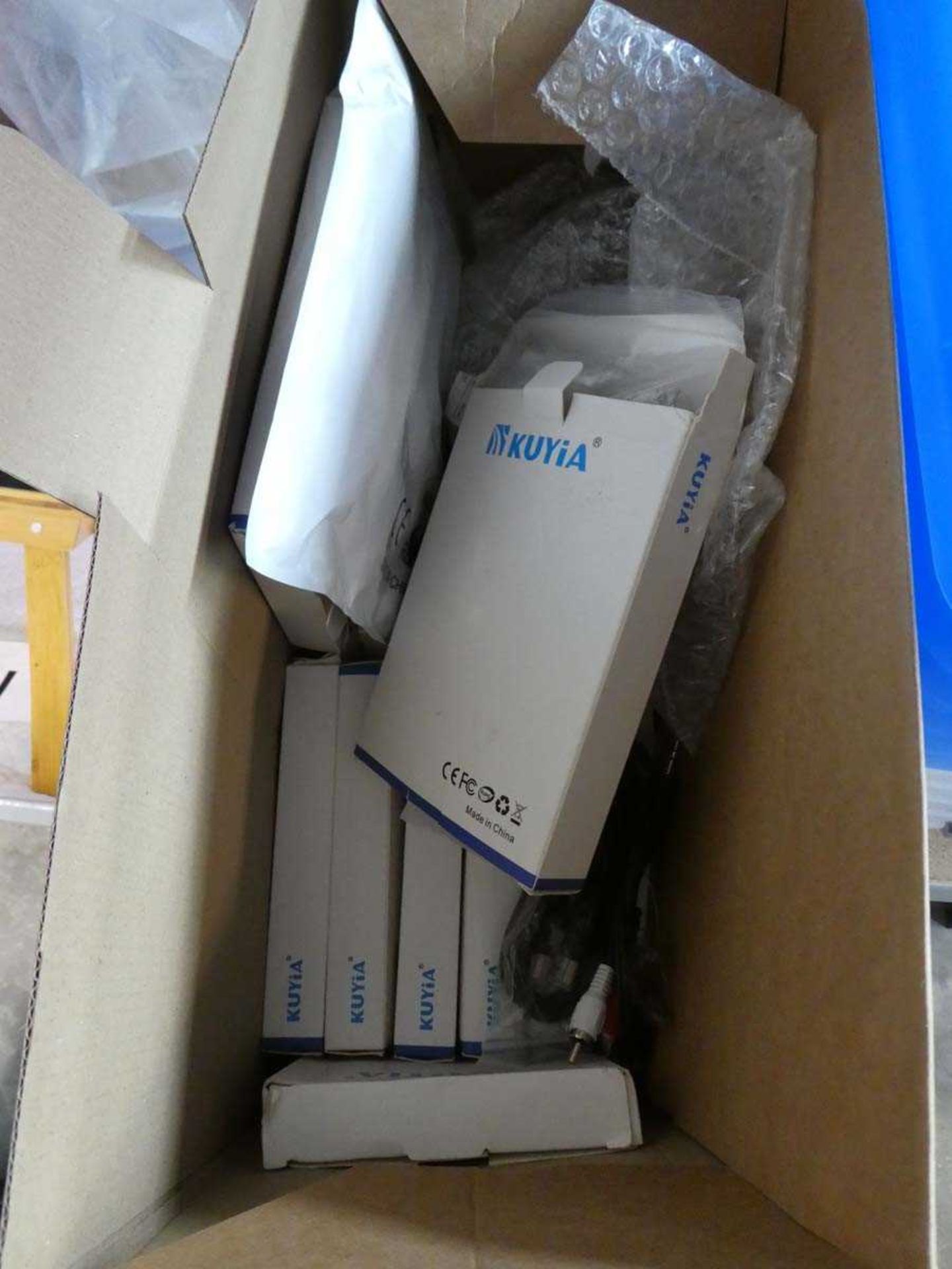 Box containing various computer cabling and accessories