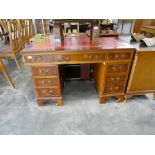Yew effect twin pedestal office desk with red leather writing surface