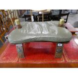 Egyptian style oak stool with green leather cushion