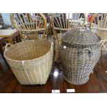 2 wicker laundry baskets including one in the shape of a honey pot