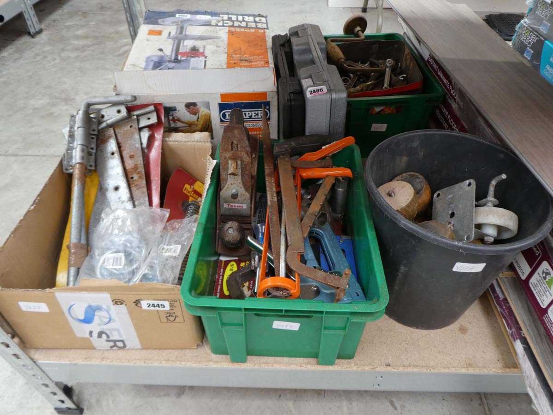 3 boxes, bucket and 2 toolboxes incl. planes, staples, castor wheels, door furniture, etc.