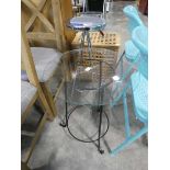 Glass top metal side table, plus a chrome bar stool