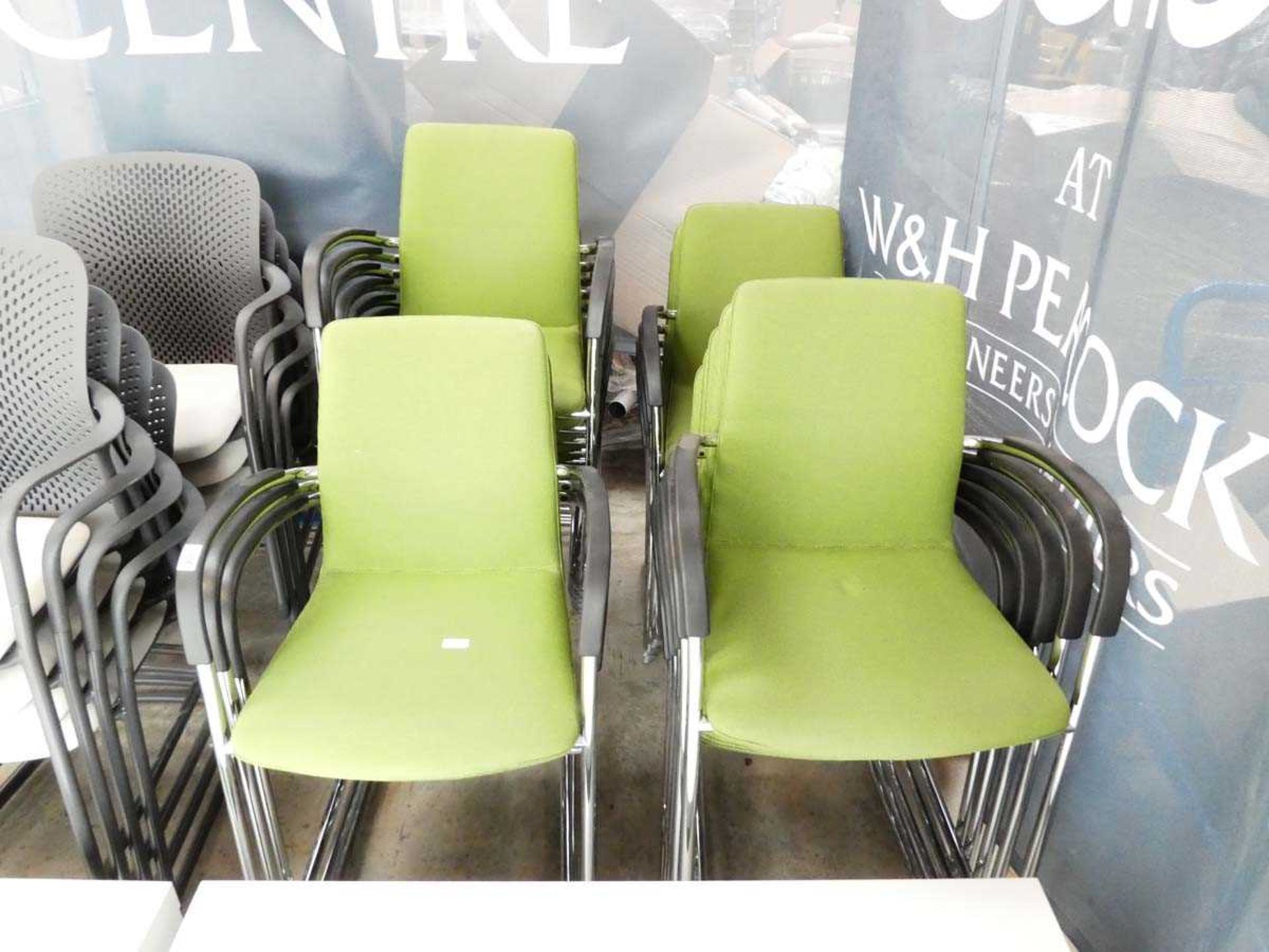 20 Kusch Co chrome framed stacking office chairs with green padded seats