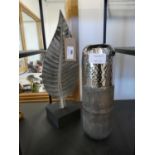 +VAT White metal leaf sculpture and cylindrical vase