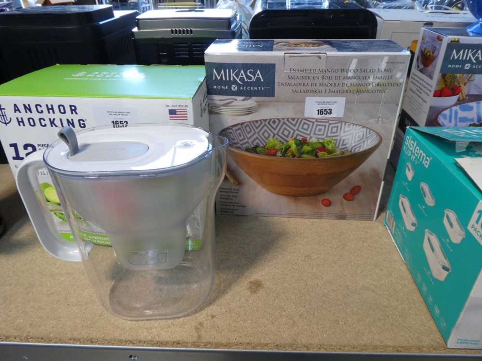 +VAT Mikasa enameled mango wood salad bowl with Brita water filter jug