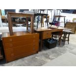 Mid century teak bedroom suite comprising 2 drawer dressing unit with extending surface and lift top