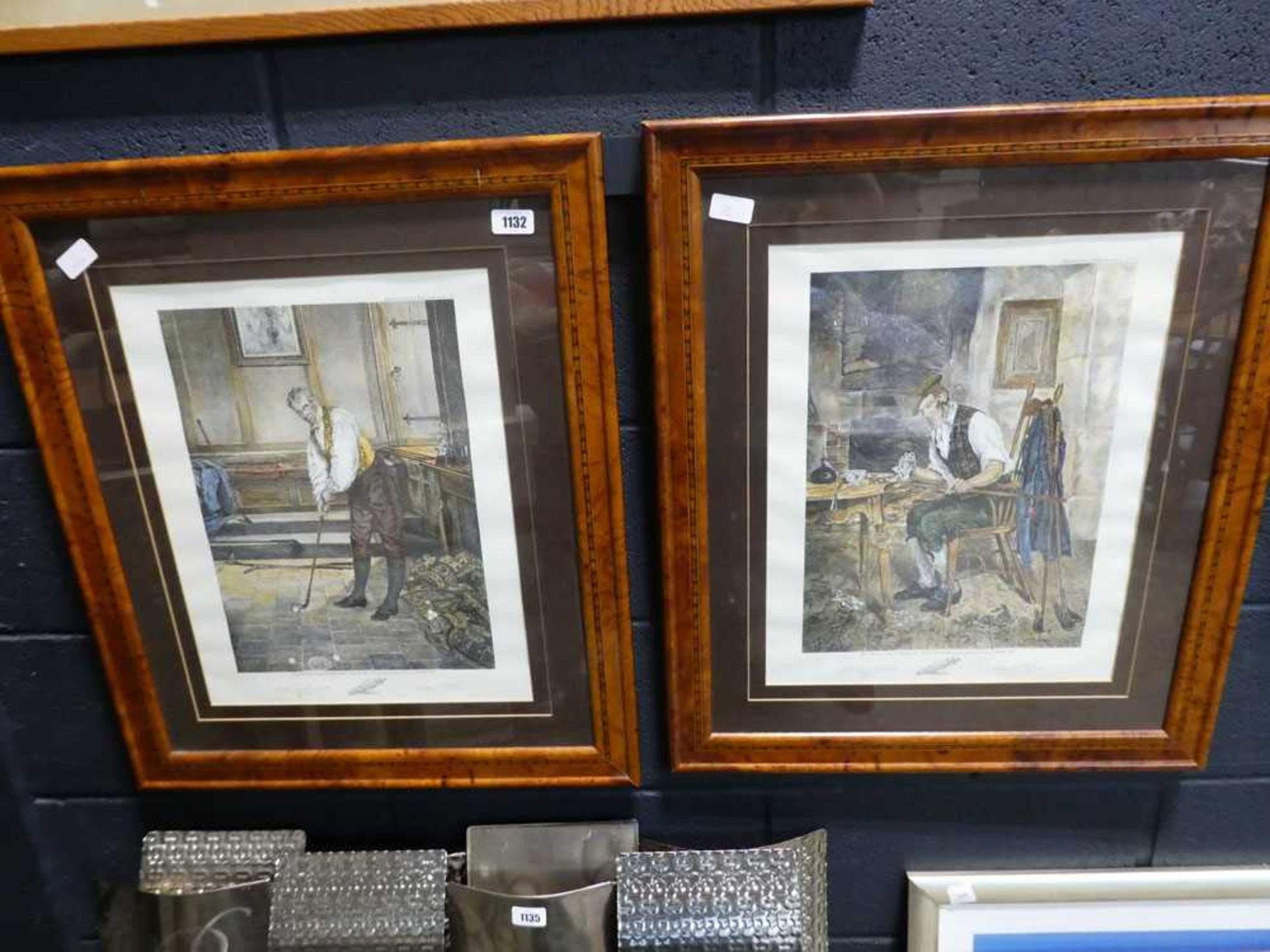 Pair of burr walnut framed golfing prints, artwork by Walter Dendy Sadler