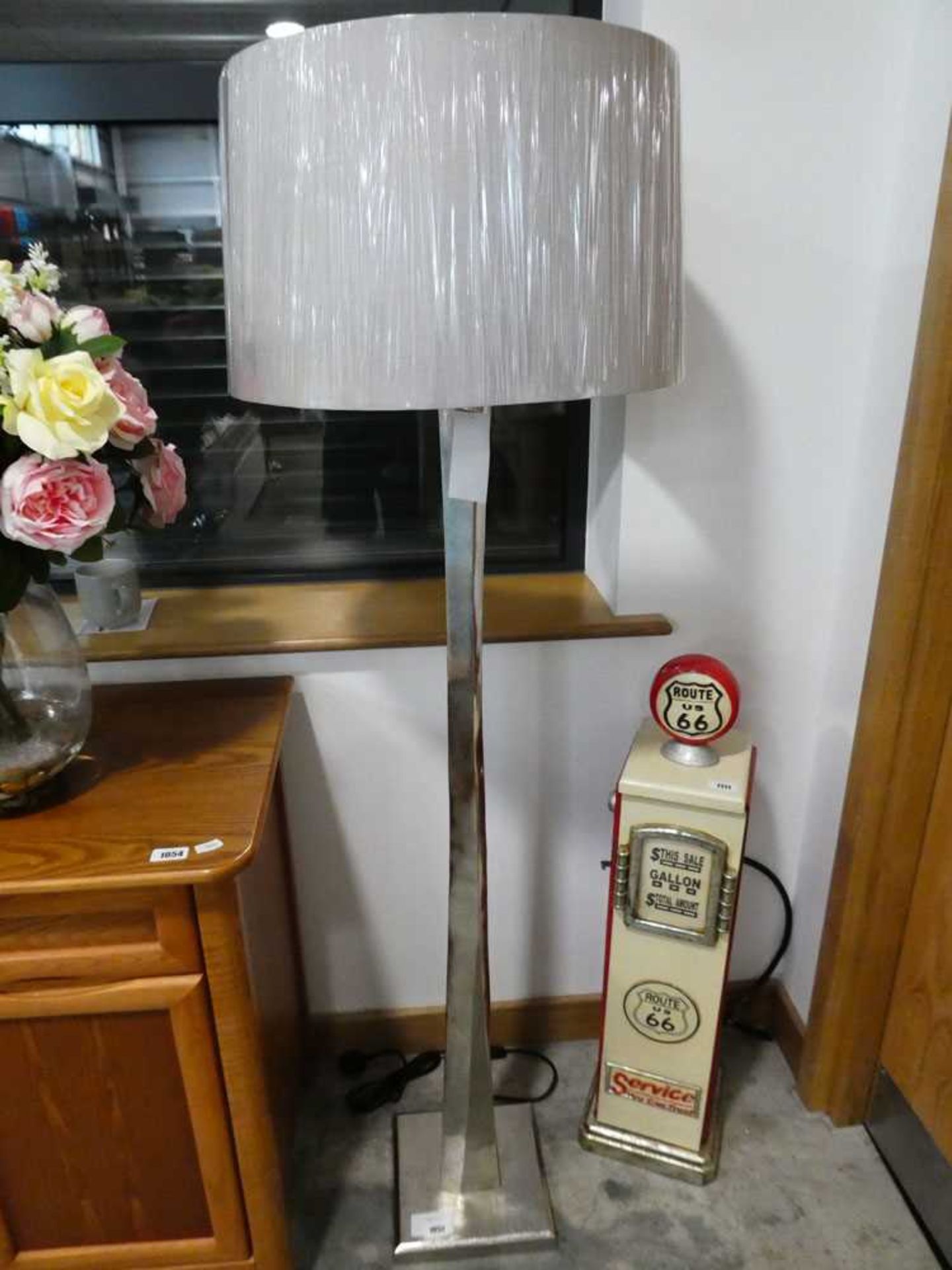 +VAT Silver coloured floor standing lantern with light grey cylindrical shade