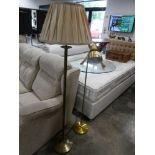 Brass effect standard lamp with ruffled cream shade and single brass floor standing spotlight