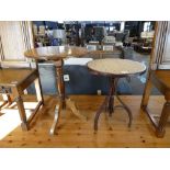 2 circular single pedestal side tables (1 with cane surface)