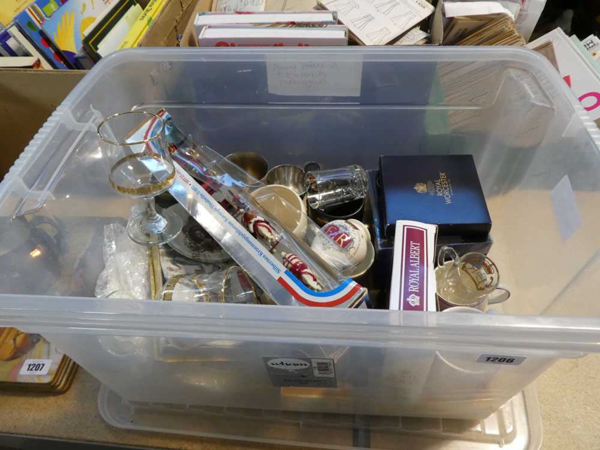 Plastic crate containing various royal commemorative ware by Royal Worcestor, etc.